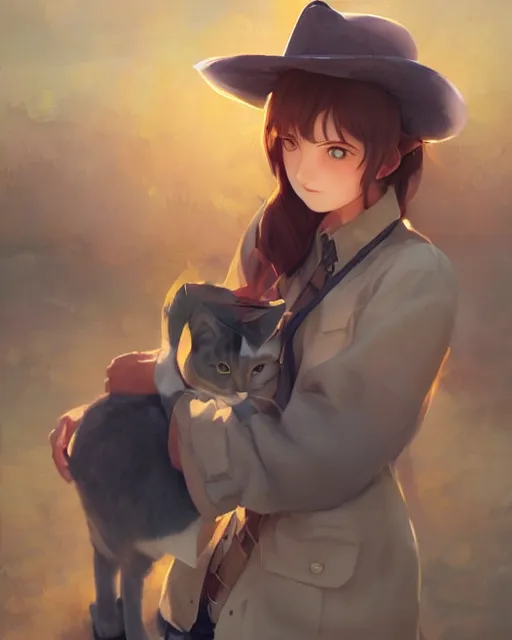 Prompt: a very cute cowgirl wearing a cat hat, medium shot, ambient lighting, visible and detailed face, by makoto shinkai, stanley artgerm lau, wlop, rossdraws