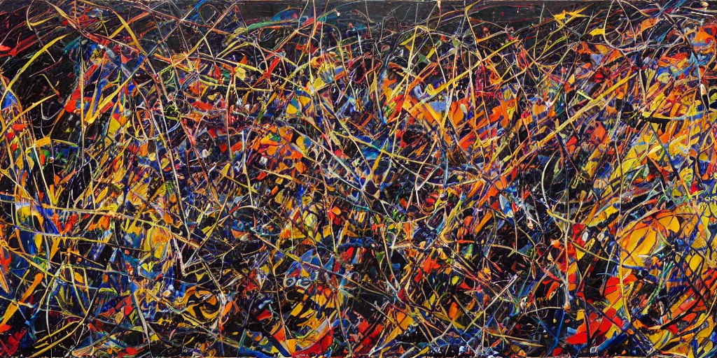 Image similar to an ultra detailed oil painting where the strings section of a symphony is interpreted by applied paint strokes, hyper - detailed, structured, grid, sheet music, pops of triadic colors, jackson pollock, pierre soulages