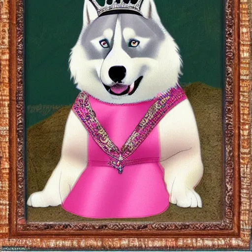 Prompt: fat siberian husky dog princess in pink gown with a goofy expression, medieval painting