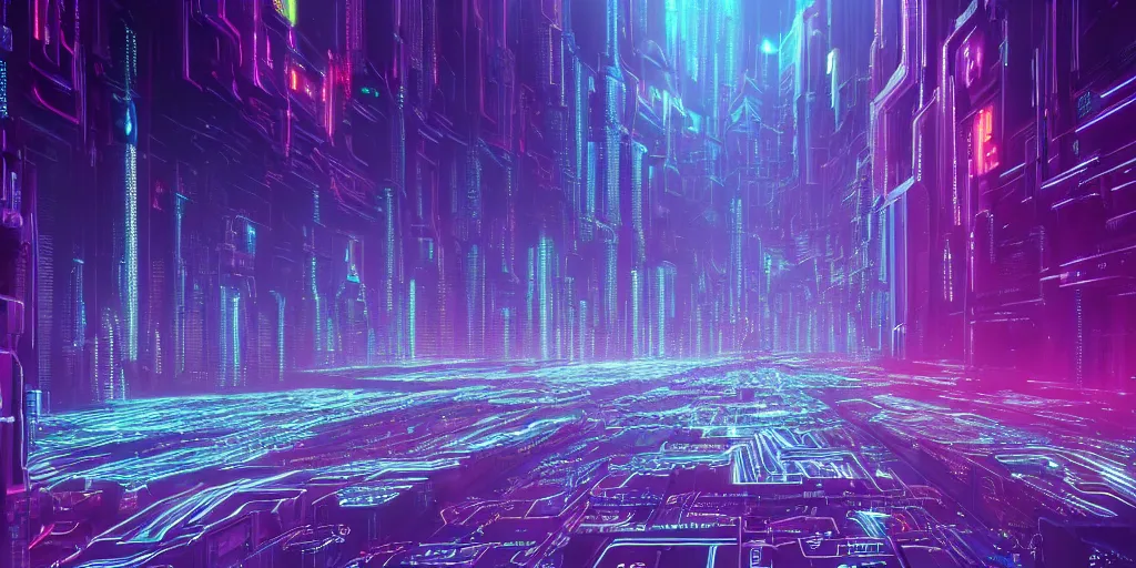 Image similar to a landscape view of a cybernetic cathedral overlooking an higway made of rows of glowing codes and symbols, energy surges, cyberpunk, beautiful detailed, cinematic, strong lighting, hi - fructose art magazine, photorealistic, 8 k, gradient cyan to purple, by paul lehr and david heskin