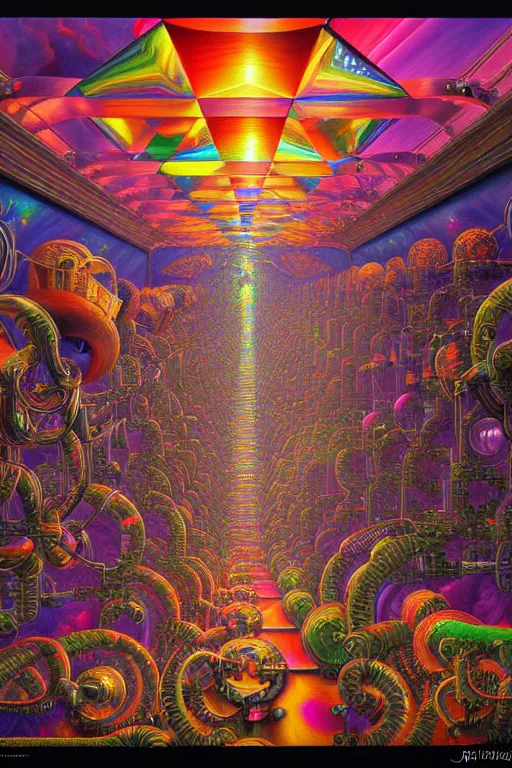 Prompt: a photorealistic painting of the transparent prismatic glass isometric nightmare machine by johfra bosschart, lisa frank, dark fantasy art, high detail, trending on artstation