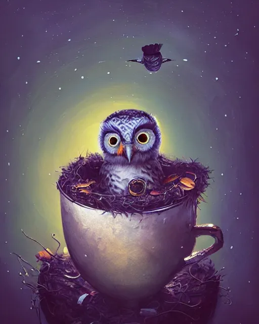 Image similar to long shot of a very cute owl chick nesting in a very futuristic cup, esao andrews, humorous illustration, hyperrealistic, big depth of field, warm colors, night scenery, low light, 3 d octane render, 4 k, conceptart, hyperdetailed, hyperrealistic, trending on artstation