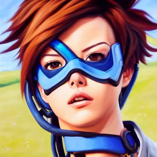 Image similar to oil painting of tracer overwatch in a field, in style of artgerm, expressive face, very detailed face, wearing large steel choker, very detailed eyes, full body, feminine face, detailed makeup on eyes,