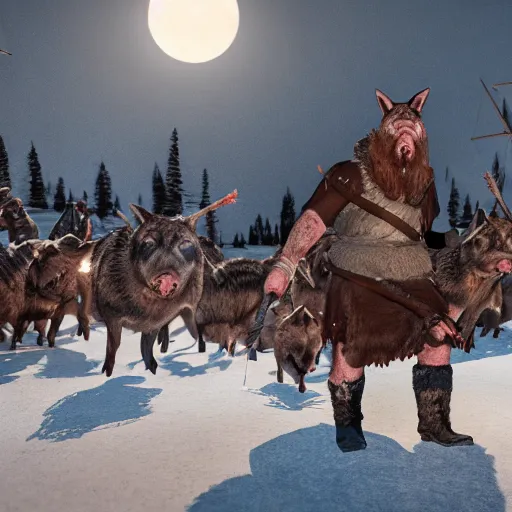 Image similar to the slaughtering of 1 0 0 0 pigs by horrible viking men dressed in wolves clothing. in wintertime. in the moonlight. hyper realistic 8 k render.