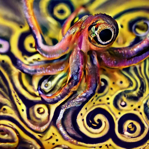 Image similar to fiery whimsical emotional eyes cephalopod, in a photorealistic macro photograph with shallow dof