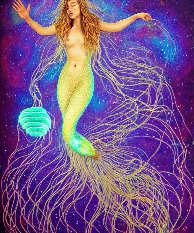 Image similar to portrait of a levitating floating in space goddess mermaid with (reaction diffusion) scaled fish skin Bioluminescent phoenix jellyfish, phoenix fire, chimera, energy rays, Her breath shot a haze of steam out into the frosty morning air concept, soft light, soft mood, realistic body features and face, illustration,intricate ornament halo, painting oil on canvas by Elena Zhurikhina and Goro Fujita and Charlie Bowater, octane render trending on artstation, 4k, 8k, HD