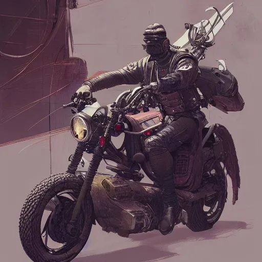 Image similar to extremely detailed realistic render of a cyberpunk samurai riding a motorcycle by James Jean, carig mullins and Syd mead perspective shot ArtStation, CGSociety