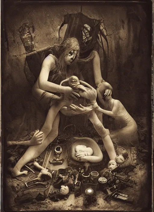 Image similar to old wetplate daguerreotype birth of artificial baby futuristic life, fractal, intricate, elegant, highly detailed, parallax, leica, medium format, subsurface scattering, by jheronimus bosch and greg rutkowski and louis jacques mande daguerre