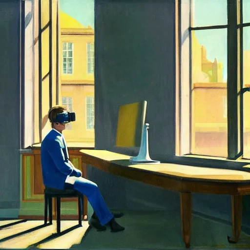 Prompt: A fine art painting of a man wearing Vr goggles and creating the metaverse at a desk through a window on a British street. In the style of Edward Hopper and Wes Anderson