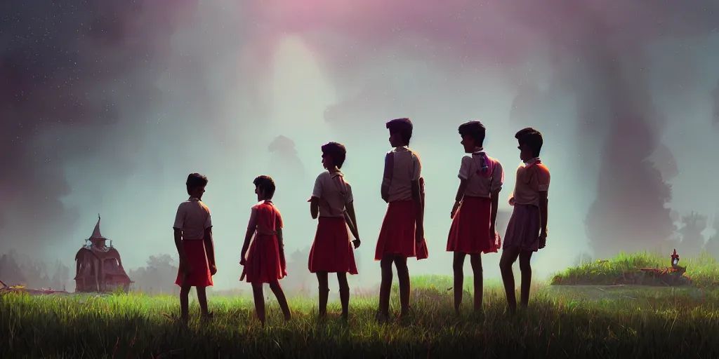 Image similar to kerala school boys wearing girls dresses posing for a photo, an epic fantasy, dramatic lighting, cinematic, establishing shot, extremely high detail, photorealistic, cinematic lighting, artstation, matte painting by simon stalenhag, horizon forbidden west