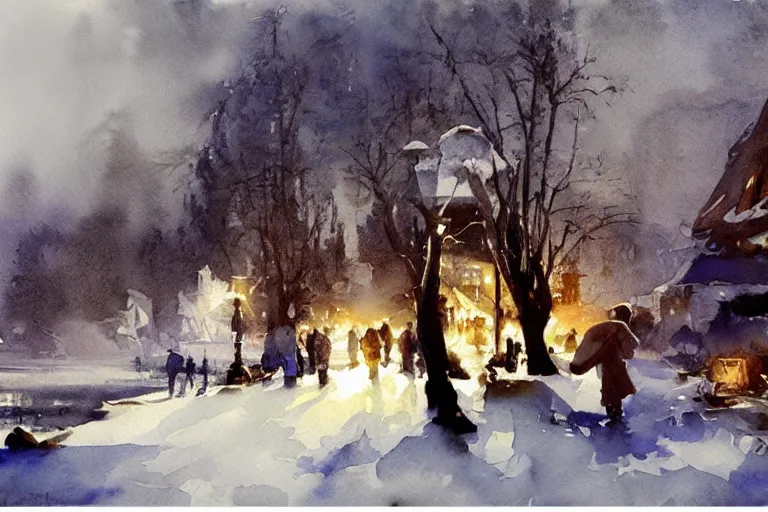 Image similar to abstract watercolor painting of village, magic diamond crystal winter, cinematic light, national romanticism by anders zorn, by greg rutkowski, by greg manchess