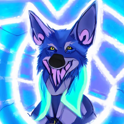 Image similar to an anthro anthropomorphic furry fursona hybrid of a blue german shepherd and a blue fox, with blue fur and blue eyes in a cyberpunk outfit, walking in cyberpunk neon streets, award winning digital art, trending on furaffinity, artstation, pixiv