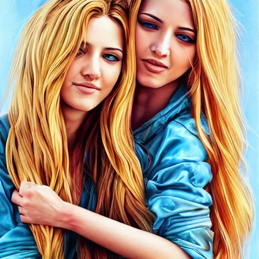 Prompt: a painting two young women in their 2 0 s hugging, they are both beautiful with long blond hair, highly detailed, digital art