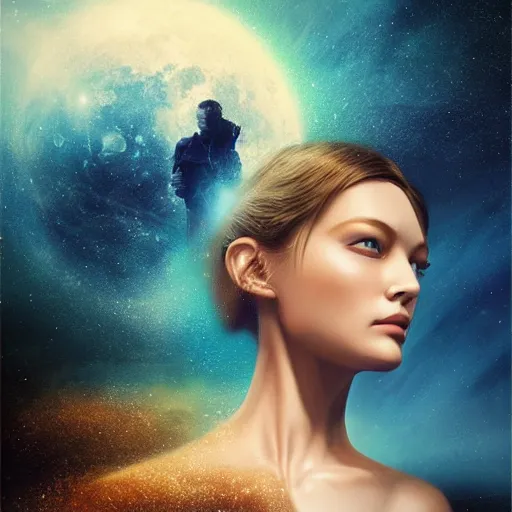 Prompt: sci - fi, 3 d, stars, fashion model face blue eyes, cinematic, clouds, moon rays, vogue cover style, poster art, blue mood, realistic painting, intricate oil painting, high detail illustration, figurative art, multiple exposure, water, 3 d, by tooth wu and wlop and beeple and greg rutkowski