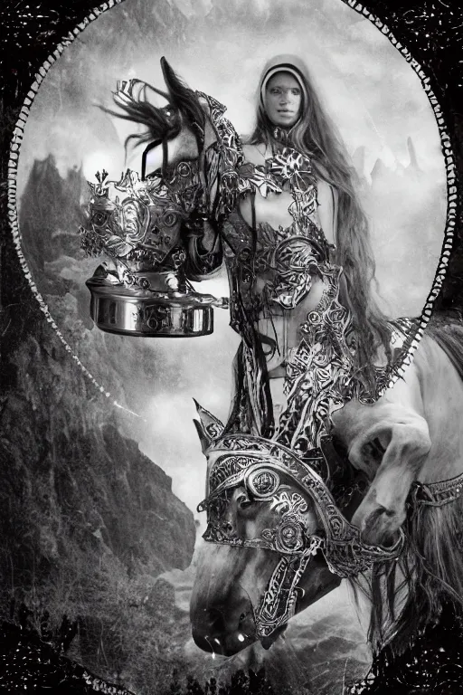 Image similar to self - transforming machine elf riding horse and holding chalice in the style of nordic noir television, dmt fractal tiling across the background, double exposure film, black and white kodak portra, knight of cups, vintage etteilla tarot