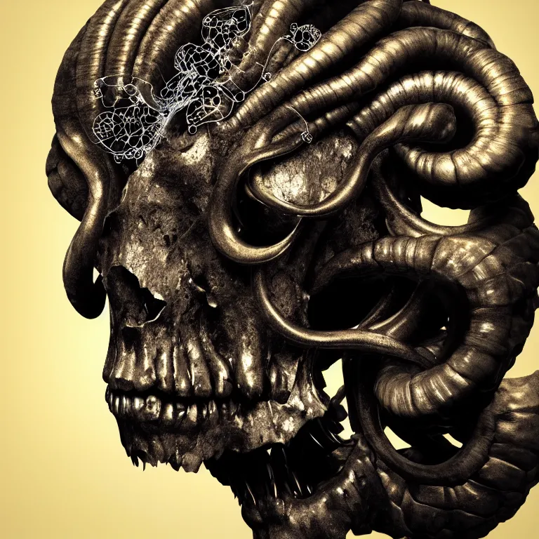 Image similar to black background. goddess princess face close-up portrait ram skull. sculpture made of gold and black charcoal. jellyfish phoenix head, nautilus, orchid, skull, betta fish, bioluminiscent creatures, intricate artwork by Tooth Wu and wlop and beeple. octane render, trending on artstation, greg rutkowski very coherent symmetrical artwork. cinematic, hyper realism, high detail, octane render, 8k