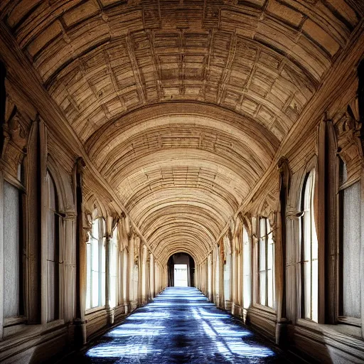 Prompt: a long ethereal asylum hallway, arched ceiling, one point perspective, vanishing point, symmetrical composition, rich colors, dramatic lighting, by lee madgwick, photorealistic, v - ray render 8 k uhd