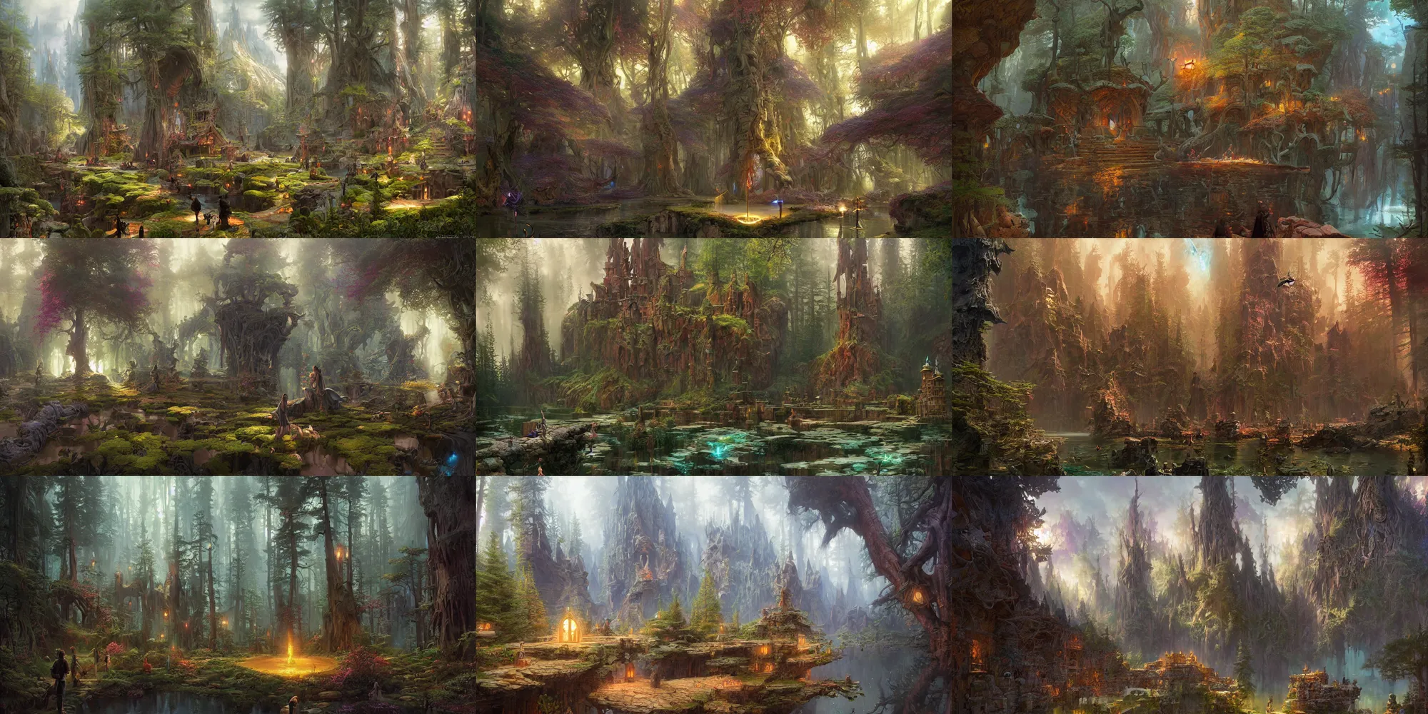 Prompt: fantasy school of magic near lake in conifer forest, highly detailed, intricate, digital paining, matte painting, art by finnian macmanus, marc simonetti, thomas scholes, peter mohrbacher, donato giancola