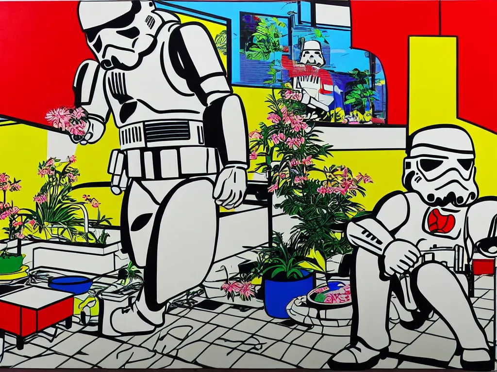 Image similar to hyperrealism composition of the asian home with a garden, stormtrooper in hot springs, pop - art style, jacky tsai style, andy warhol style, roy lichtenstein, acrylic on canvas