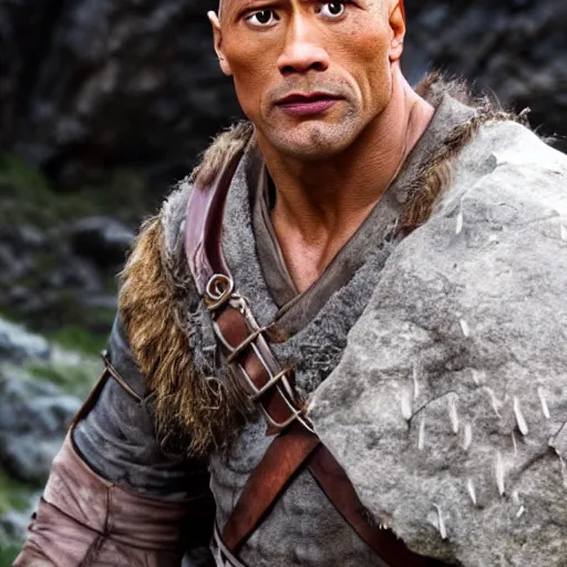 Image similar to dwayne the rock johnson as bilbo baggins, hobbit, lord of the rings, movie, photo, hyperdetailed, sharp focus,