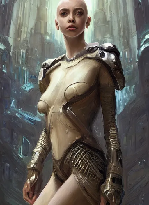 Image similar to a professional painting of a beautiful young female alien, clothed in ethereal armor, olive skin, long dark hair, beautiful bone structure, symmetrical facial features, intricate, elegant, digital painting, concept art, smooth, sharp focus, illustration, from Valerian and the City of a Thousand Planets, by Ruan Jia and Mandy Jurgens and Artgerm and William-Adolphe Bouguerea