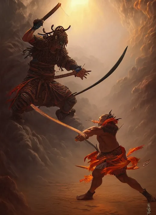 Image similar to a samurai fighting an oni, in the style of tomasz alen kopera and fenghua zhong and peter mohrbacher, mystical colors, rim light, beautiful lighting, 8 k, stunning scene, raytracing, octane, trending on artstation