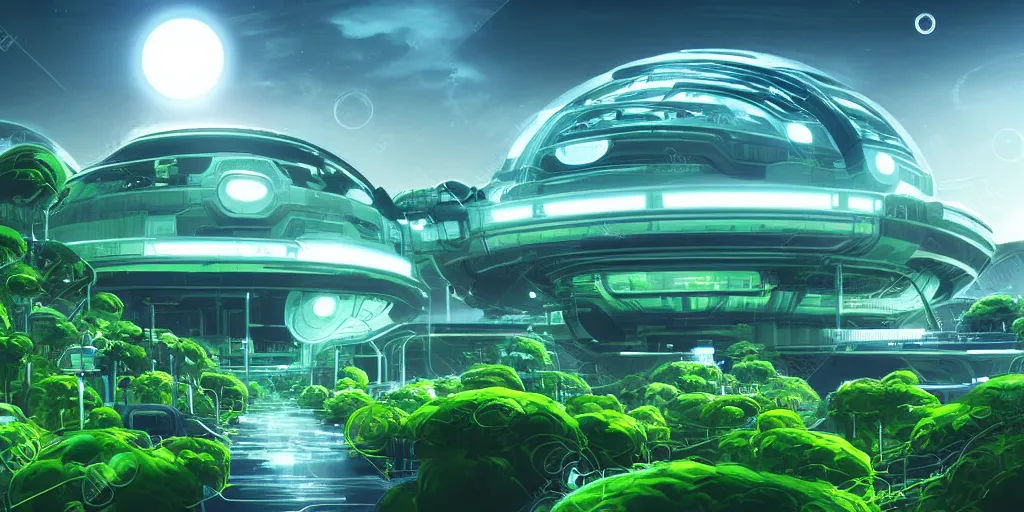 Image similar to beautiful scifi power plant, limitless energy inside, white city far away, blue sky, alien round shape, green plants, futuristic, magical feeling, detailed, digital art