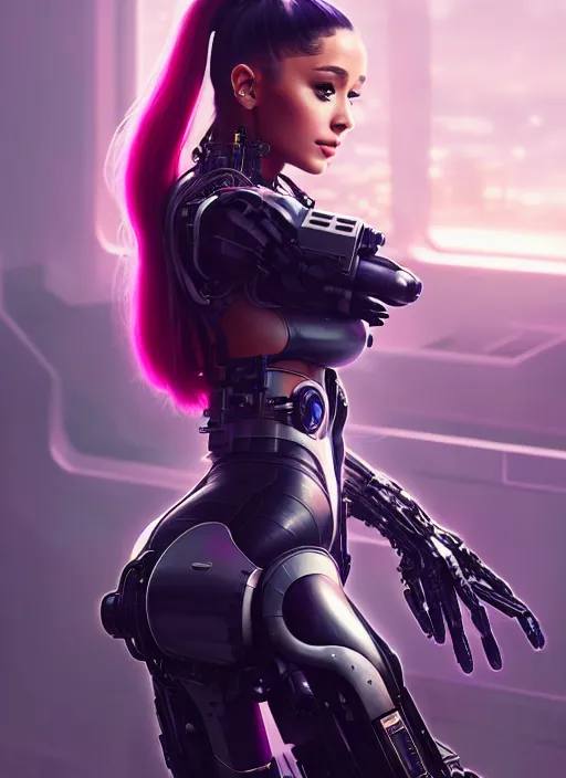 Image similar to ariana grande as a weaponized cyborg, cyberpunk, intricate wirings, highly detailed, sci - fi, octane render, 8 k, sharp focus, smooth, beautiful and graceful, art by artgerm, greg rutkowski, tian zi, soey milk