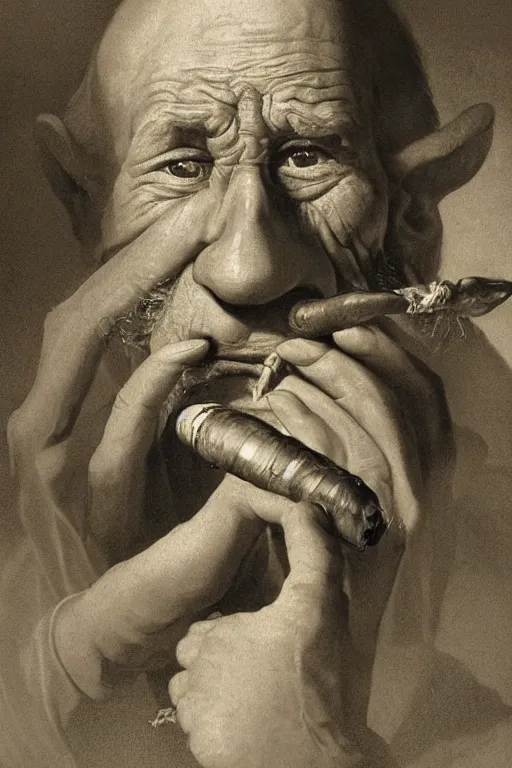 Prompt: hyperrealism close-up portrait of an ugly old man, with cigar, cockroaches coming out of his nose and ears and eyes in style of Francisco Goya