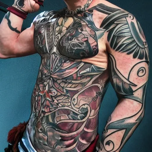 Image similar to muscular bald man, tattooed body, sword in hands, HD, anime style,