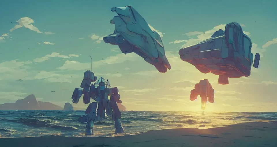 Image similar to A very beautiful serene coast landscape scene with a GIANT MECHA GUNDAM looming in the distance, bright sunny waves splashing on the beach, rendered by simon stålenhag, rendered by Beeple, Makoto Shinkai, syd meade, environment concept, digital art, Gundam style, starwars, unreal engine, 3 point perspective, WLOP, trending on artstation, low level, 4K UHD image, octane render,