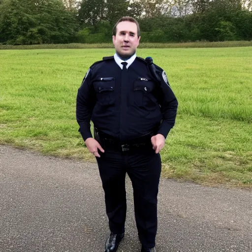 Image similar to clean - shaven chubby 3 4 year old caucasian man from uk wearing black police sweater and navy necktie and black trousers and black boots and police helmet. he is standing in a field.