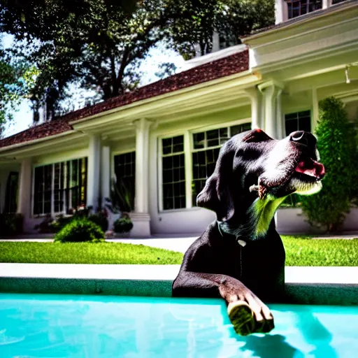 Image similar to a very detailed photo of a dog smoking a cigar outside the mansion by the pool