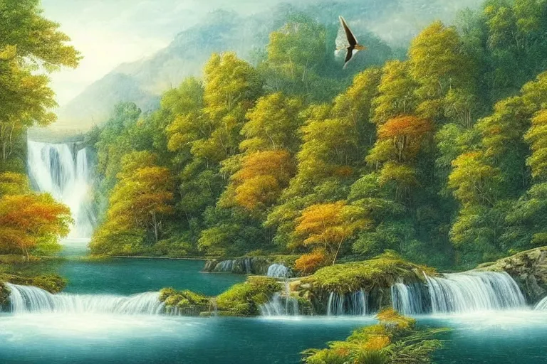 Image similar to a beautiful scene of a serene lake surrounded by trees, waterfalls flowing in between the trees, birds flying above, detailed realistic art