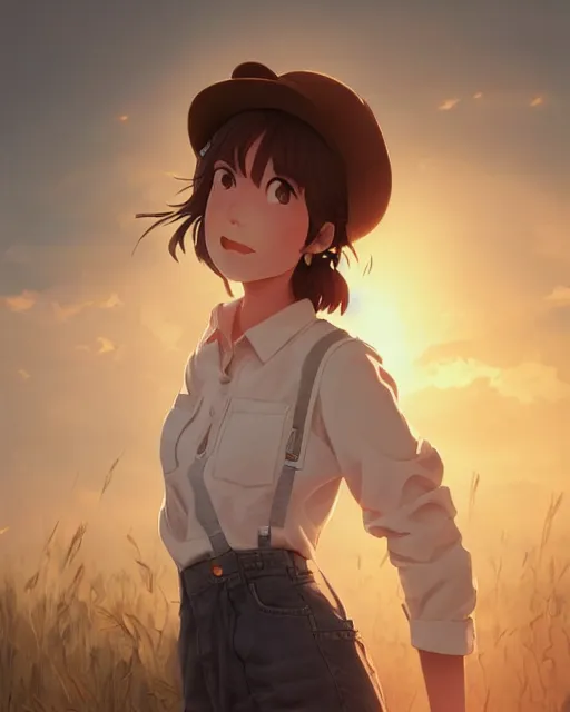 Image similar to a farmer girl making a kissy face, full shot, atmospheric lighting, detailed face, by makoto shinkai, stanley artgerm lau, wlop, rossdraws