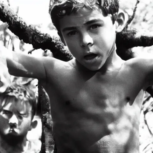 Image similar to jake t. austin plays ralph in lord of the flies ( 1 9 6 3 ), 3 5 mm black and white, highly detailed, cinematic lighting