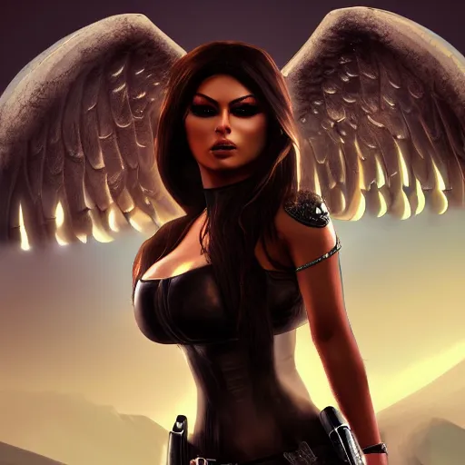 Image similar to portait princess haifa wehbe as lara croft angel of darkness cover, centred, very long hair, hd, unreal engine, art digital painting, amazing background theme