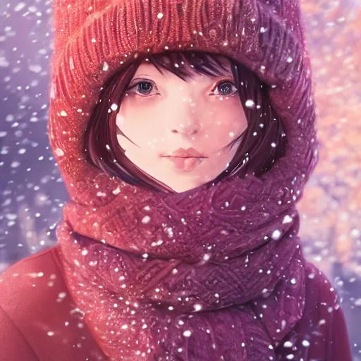 Image similar to highly detailed and intricate wlop artwork of a beautiful woman wearing warm winter clothes and a pink scarf sitting on a park bench in the fall, volumetric lighting, extremely complex, trending on artstation, featured on behance, 4 k, 8 k, 1 6 k