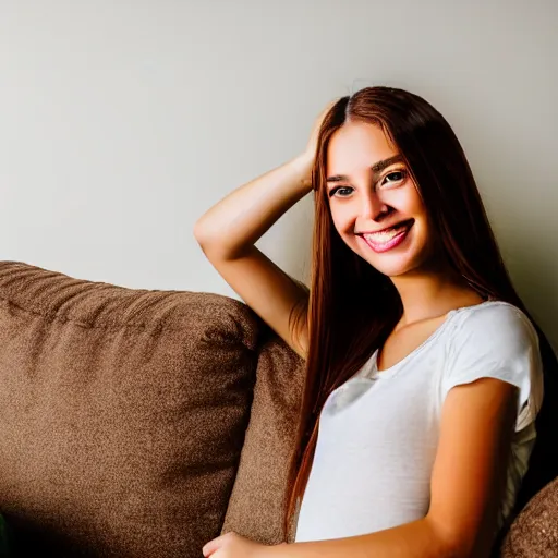 Image similar to a cute young woman smiling, long shiny bronze brown hair, full round face, green eyes, medium skin tone, light cute freckles, smiling softly, wearing casual clothing, relaxing on a modern couch, interior lighting, cozy living room background, medium shot, mid-shot, soft focus