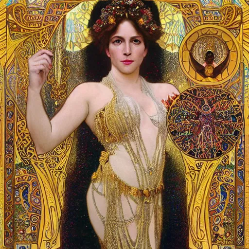 Image similar to !dream realistic detailed dramatic symmetrical portrait of Alex Jones as Salome dancing, wearing an elaborate jeweled gown, by Alphonse Mucha and Gustav Klimt, gilded details, intricate spirals, coiled realistic serpents, Neo-Gothic, gothic, Art Nouveau, ornate medieval religious icon, long dark flowing hair spreading around her