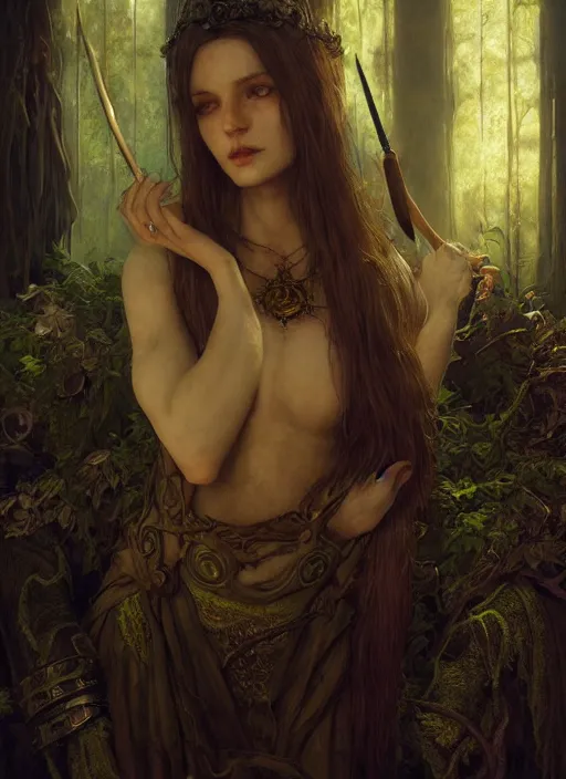 Image similar to inside covens den, diffuse lighting, fantasy epic, hdrp smoke, intricate facial detailing, highly detailed, lifelike, photorealistic, digital painting, artstation, unreal 5, concept art, smooth, sharp focus, art by john collier and albert aublet and krenz cushart and artem demura and alphonse mucha