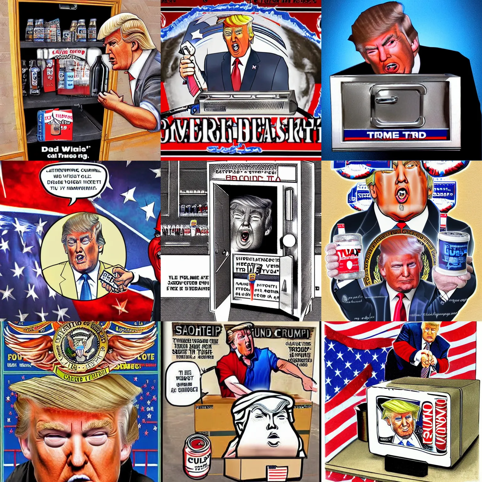 Prompt: David Dees Conspiracy Image featuring Donald Trump storing diet coke in a safe