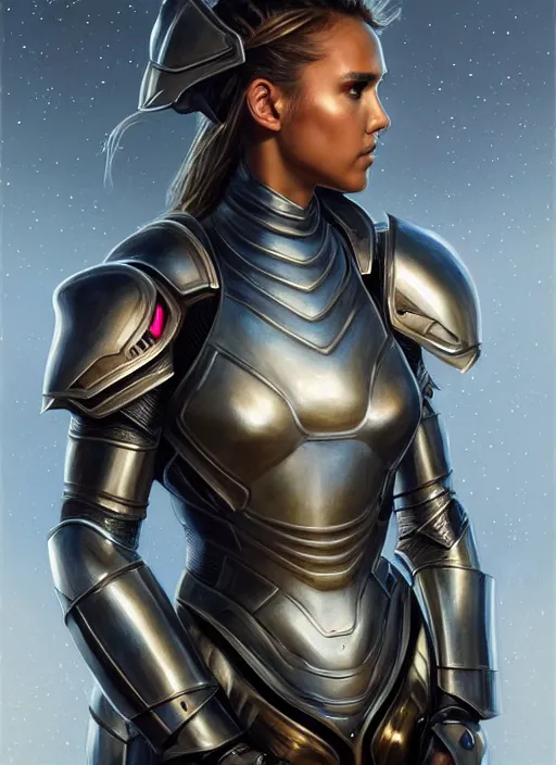 Image similar to portrait of a beautiful female soldier from the future wearing armor, jessica alba, intricate, elegant, glowing lights in armor, highly detailed, digital painting, artstation, glamor pose, concept art, smooth, sharp focus, illustration, epic angle, art by artgerm and greg rutkowski, artey freytag, alvin schwartz