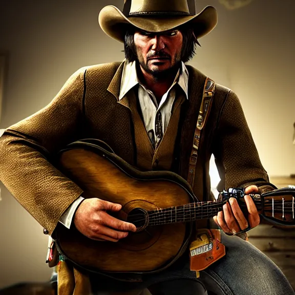 Image similar to john marston playing on a gaming computer in cowboy attire with gaming headphones on in a dimly lit room