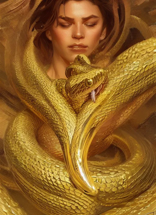 Image similar to a gold snake, highly detailed, digital painting, artstation, concept art, sharp focus, illustration, art by greg rutkowski and alphonse mucha