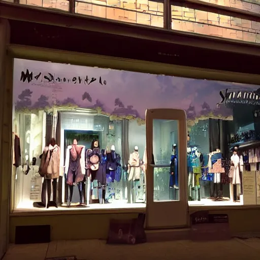 Prompt: makoto shinkai store window from fantasy world