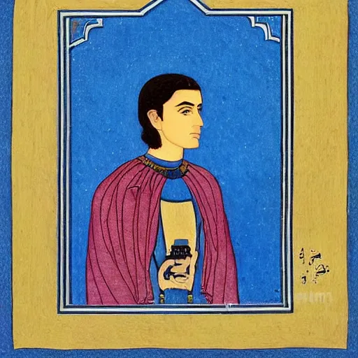 Image similar to portrait of paul atreides, pensive, bright blue eyes, in the style of persian miniature paintings.