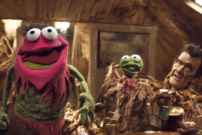 Prompt: High definition scene, inside the cabin, from Evil Dead Muppets starring BRUCE CAMPBELL as ASH