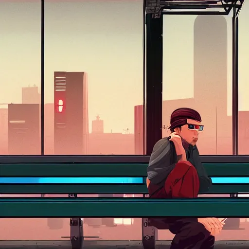 Prompt: a man waiting for a train at a train station, cyberpunk art by tomer hanuka, cgsociety, photorealism, matte drawing, digital illustration, digital painting