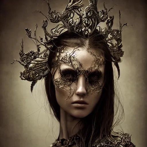 Prompt: a portrait of female model by stefan geselle and nekro borja, photorealistic, intricate details, hyper realistic, dark fantasy, ornate headpiece, photorealistic, canon r 3, photography, wide shot, photography